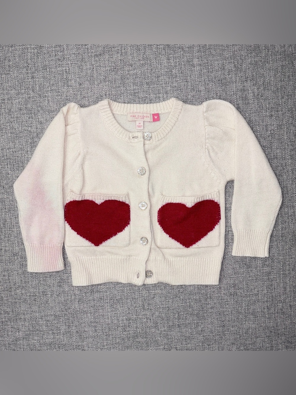 Pink Chicken 2Y Cream Cardigan with Red Heart Pockets and Sparkle Buttons